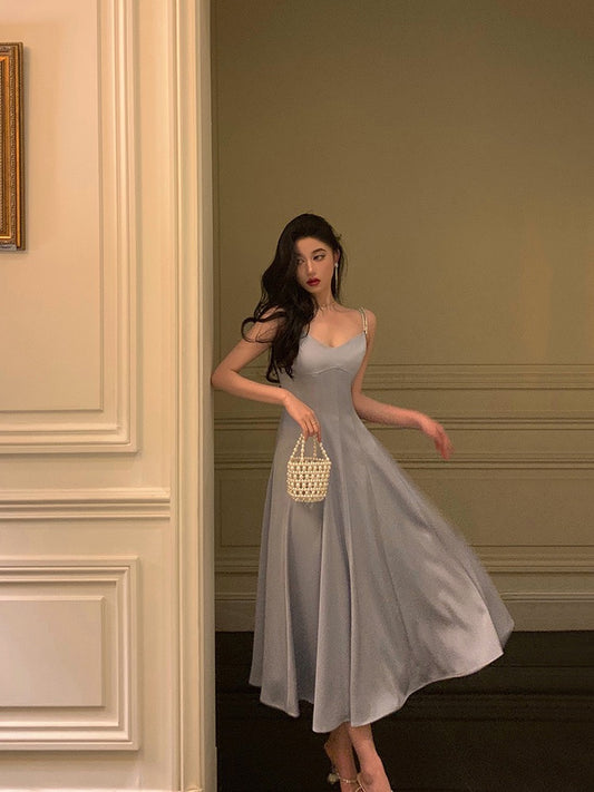 Gove 瑅 French satin suspender dress women 2023 new niche design gentle temperament waist long skirt