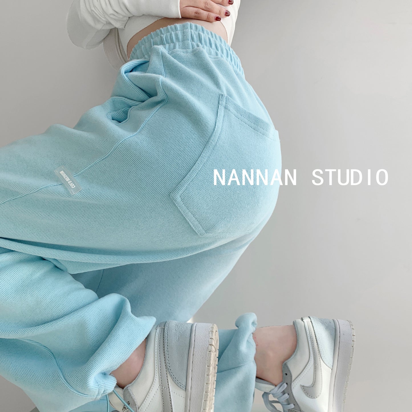 Homemade baby blue loose drawstring trousers 2023 spring and autumn new sports pants ins trendy casual straight leg trousers