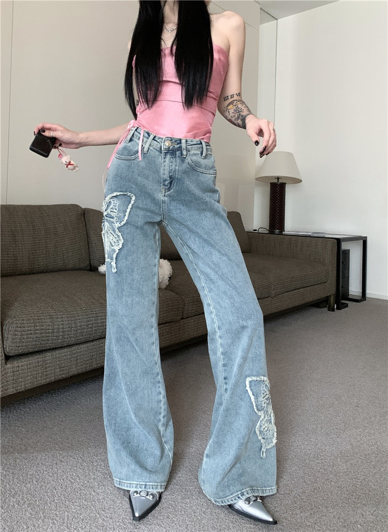 kumikumi design sense butterfly embroidery retro washed jeans women's summer thin micro-pants mopping pants