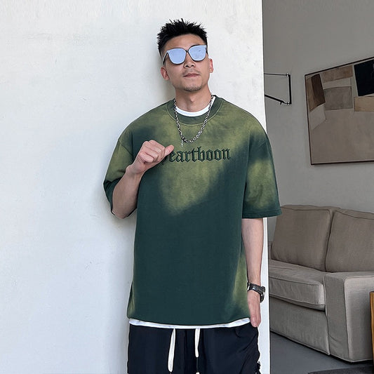 Uncle Bar Contrast color fashion short-sleeved T-shirt men's summer casual loose round neck five-quarter sleeve top American trend half-sleeve