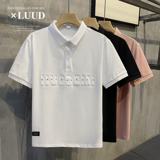 LUUD breathable beaded mesh solid color lapel polo shirt men's simple English three-dimensional embossed short-sleeved polo shirt