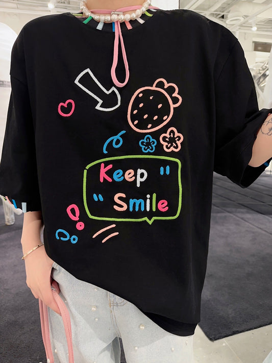 Thebestxue Korean version of loose fashionable black all-match embroidery letters short-sleeved t-shirt female 2023 new compassionate shirt