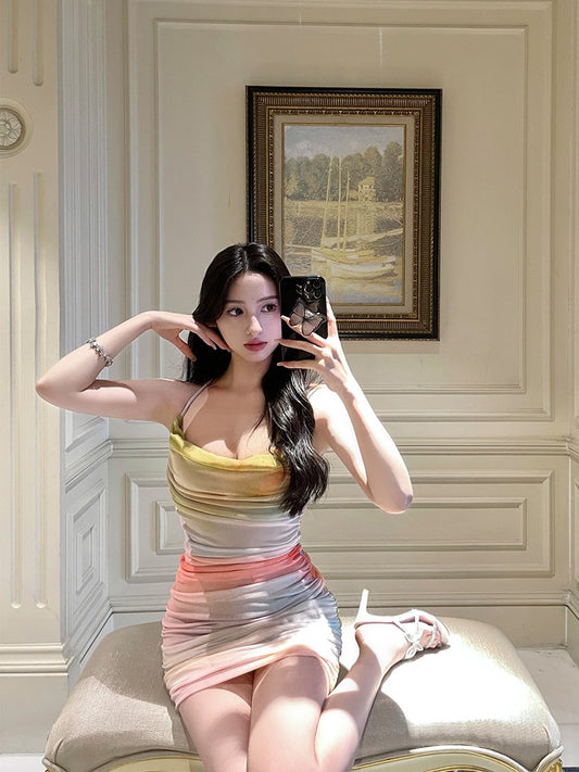 ForFay【Endless Flowering Period】Watercolor smudge printing suspender skirt female mesh wrinkle slim pure desire dress