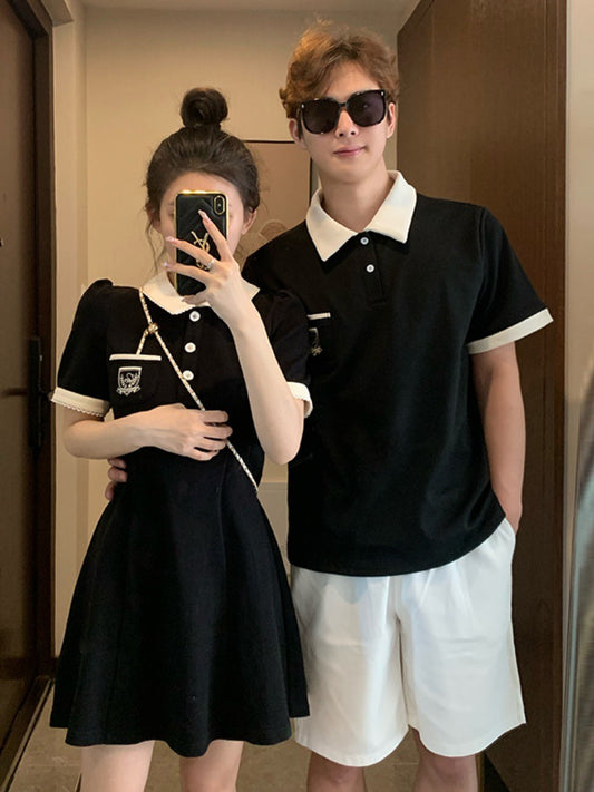 Couple outfit summer 2023 new net red college style French polo lapel dress Korean version slim short-sleeved trendy
