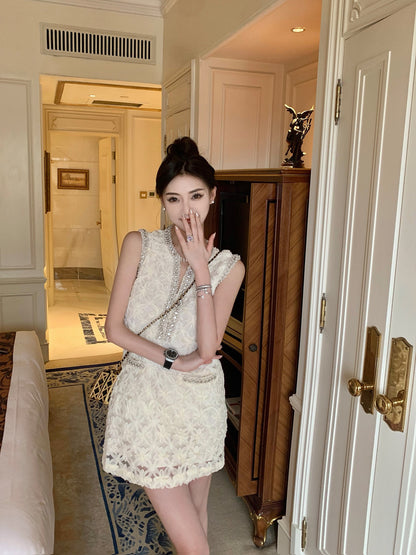 J11 Studio/Rich Family Daughter Heavy Industry Nail Beads Playful Temperament Covering Meat Showing Thin Fragrance Off-shoulder Dress Female