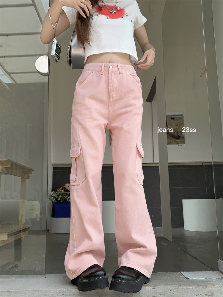 White tooling jeans women's summer ins tide American retro drape floor mopping trousers straight wide leg pants