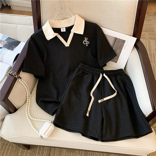 Casual polo collar contrast color T-shirt fashion foreign style suit women's spring and summer loose short-sleeved shorts sports two-piece suit
