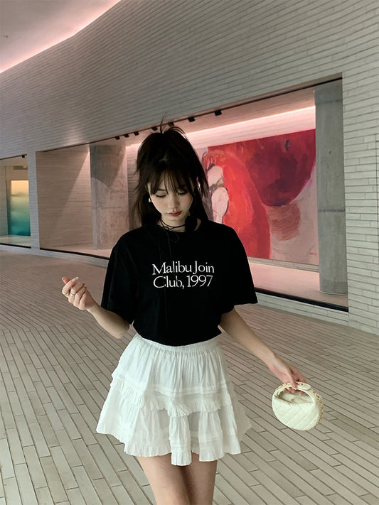 IMMR summer new solid color loose letter printing round neck short-sleeved t-shirt women's fashion thin paper man top