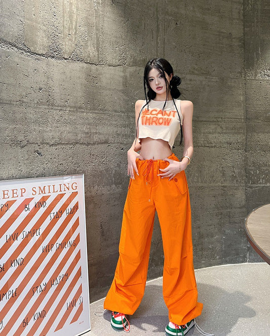 Sweet cool hot girl suit I-shaped vest top women's summer high waist beam pants overalls wide leg pants two-piece set