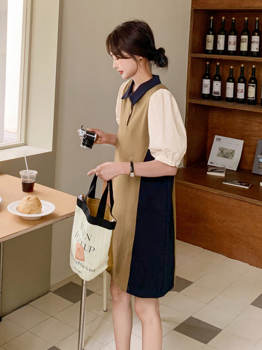Stitching contrast color French dress female summer 2023 new design college style small casual polo skirt