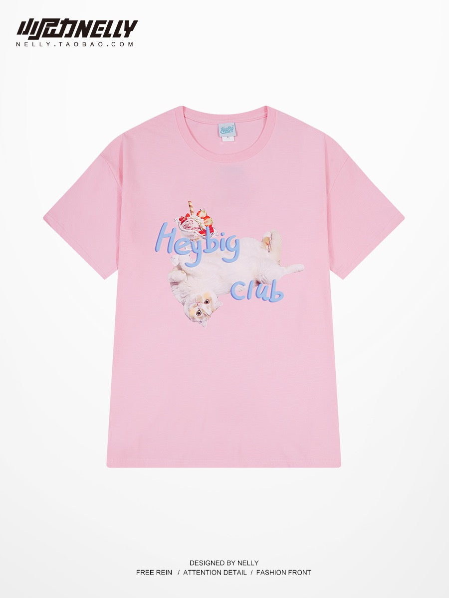 Kitten t-shirt loose summer style half-sleeved thick t-shirt fun funny cat dirty pink short-sleeved men's and women's clothes bf