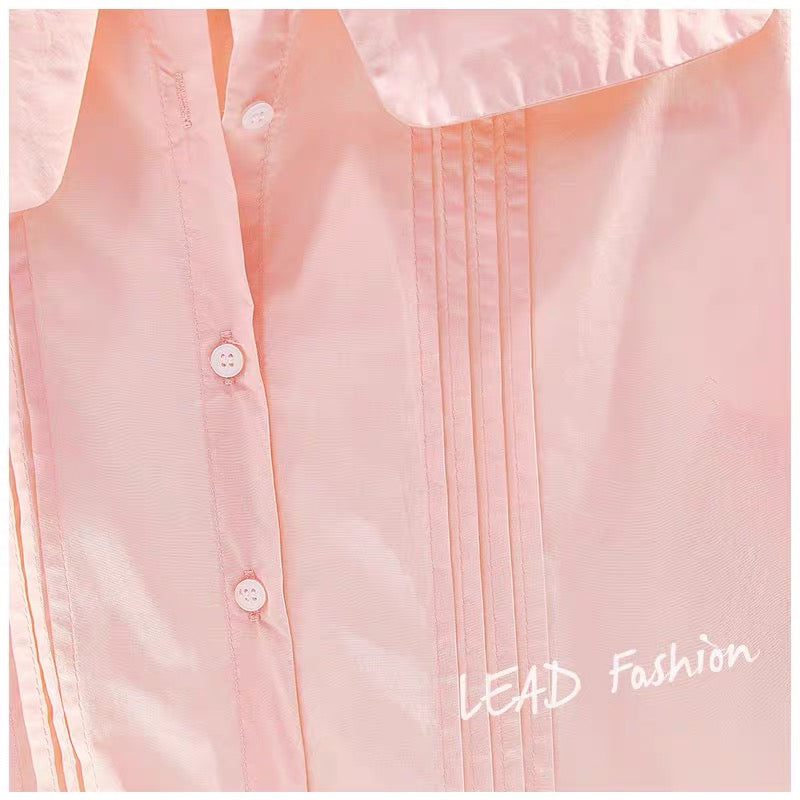 Pink doll collar lantern sleeve thin shirt women 2023 summer Xinhan fan art loose casual lantern sleeve shirt