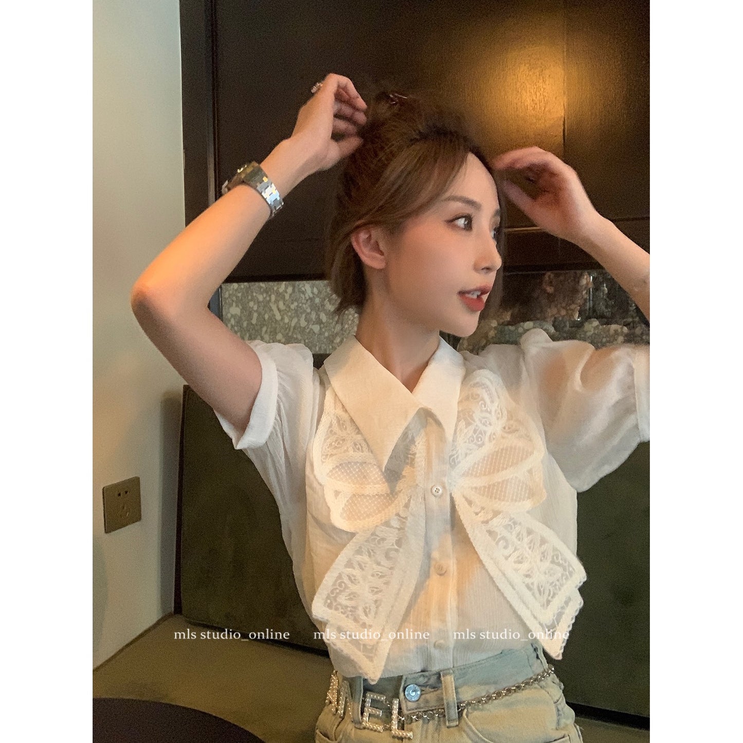 MLS high-end French unique chic small top women's summer fashion temperament small shirt bow short-sleeved shirt