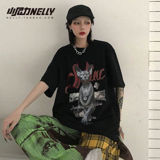 23ss trend ins dark style retro hairless cat ins net red two-dimensional anime print short-sleeved T-shirt bf style