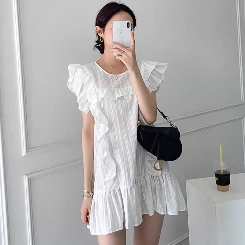 Korean chic summer French temperament round neck stitching ruffles loose flying sleeves small dress skirt