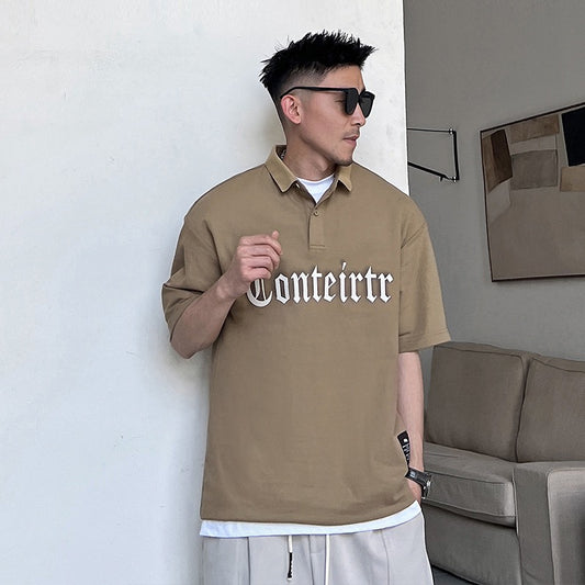 Uncle Bar summer trend letter embroidery loose POLO shirt short-sleeved men's American retro ruffian handsome casual half-sleeved top