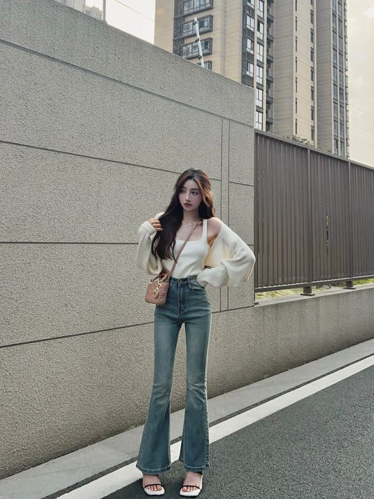 Small retro high-waisted bootcut jeans 2023 new hot girl chic slim fit and thin all-match flared pants for women