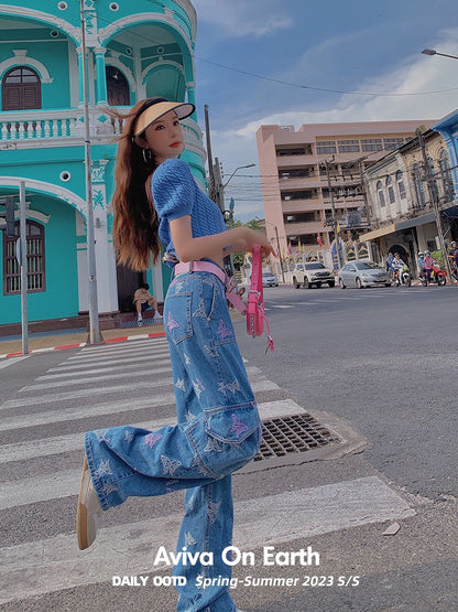 [Earth Shop] Heavy Industry Butterfly Embroidery Light Blue Tooling Style Narrow High Waist Loose Straight Jeans Women's Summer