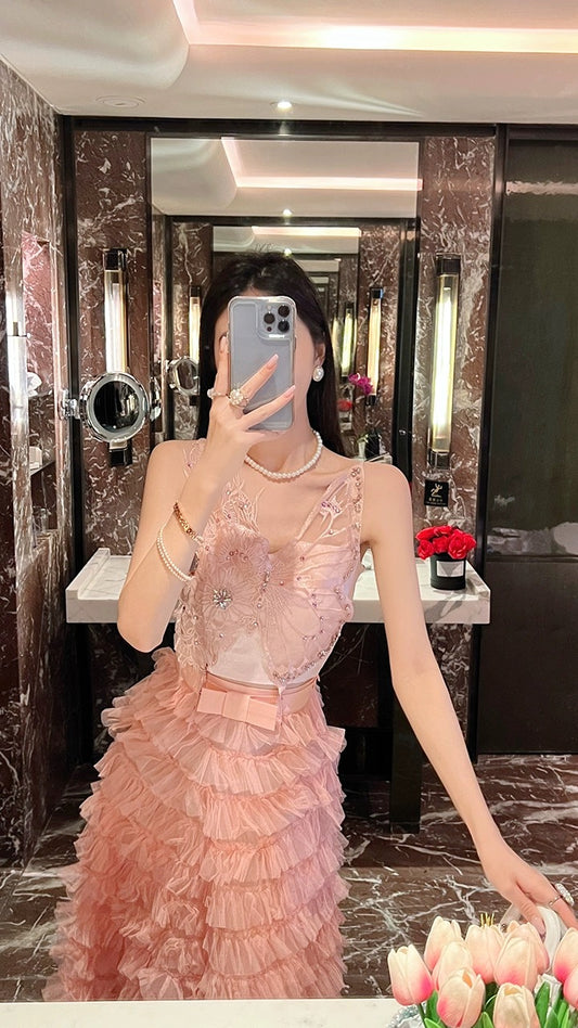 BETTER LS suit female pure desire temperament embroidery bow camisole top cake dress two-piece set