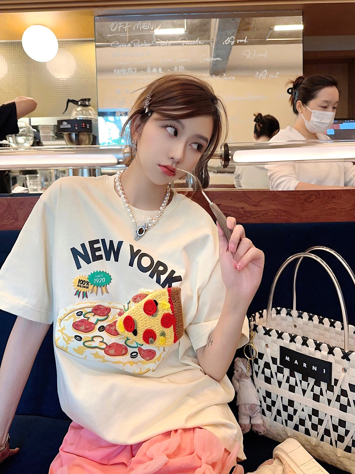 Thebestxue2023 summer new Korean version loose beige pizza pattern crochet short-sleeved t-shirt women's tide