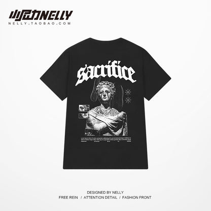 High street retro t-shirt men's hip-hop short-sleeved summer loose five-point sleeve trend tide brand ins boy compassionate Harajuku style
