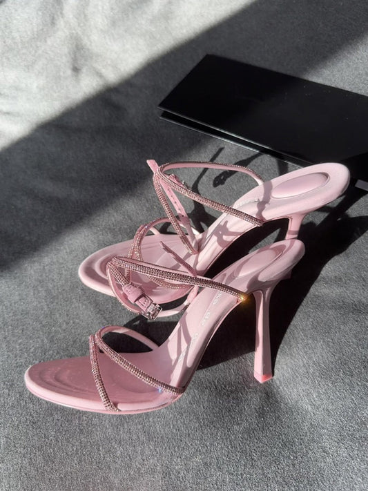2023 spring and summer new aw pink high-heeled shoes women's stiletto sexy open toe word buckle with rhinestone letter sandals women