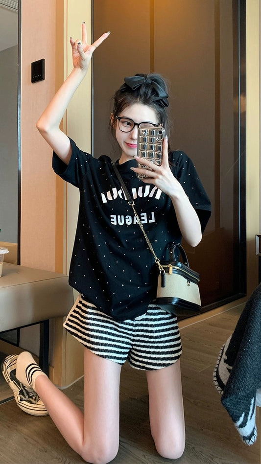 Black hot diamond front shoulder t-shirt women's summer 2023 new design sense niche European trend pure cotton short-sleeved top