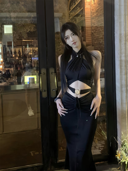 J11 Studio/Greek Goddess Halter Neck Short Top Slim Fit Hip Skirt Set Sexy Fishtail Skirt