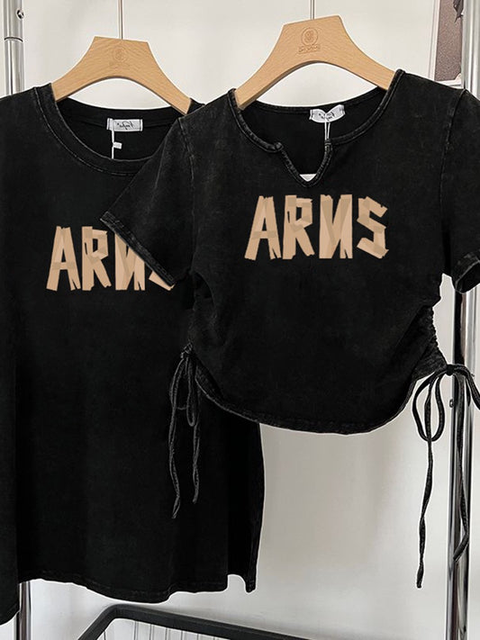Small people make old washed letters short-sleeved t-shirt women's summer loose and thin T-shirt short drawstring hot girl top