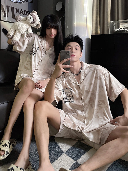 Couple pajamas women's summer short-sleeved ice silk thin section 2023 new men's high-end silk home service suit