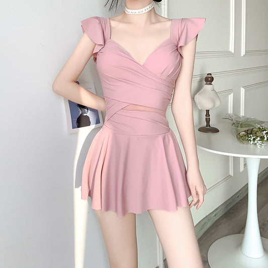 One-piece swimsuit women's summer pure desire style conservative skirt style cover belly slimming small chest gathered hot spring swimming suit
