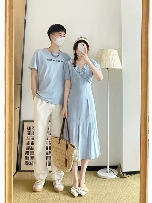 Couple's summer dress 2023 new French style gentle wind dress short-sleeved Korean version of a skirt and a suit temperament slim trendy