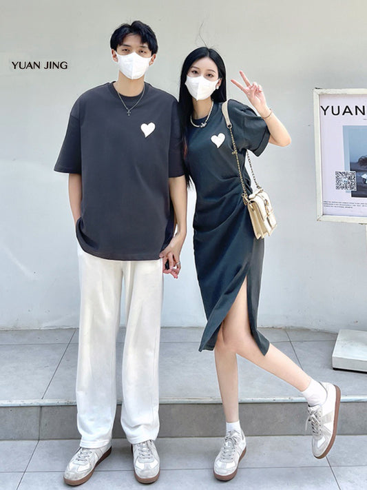 Couples' summer clothes, niche design, ins love, short-sleeved T-shirt, women's slits, thin dress, one skirt and one clothes tide