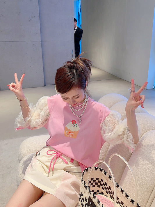 Thebestxue2023 new Korean version of pink mesh puff sleeves stitching ice cream printed short-sleeved T-shirt women