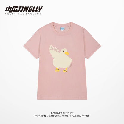 American oversize trendy brand cartoon duckling print short-sleeved t-shirt men's all-match casual loose cotton half-sleeves