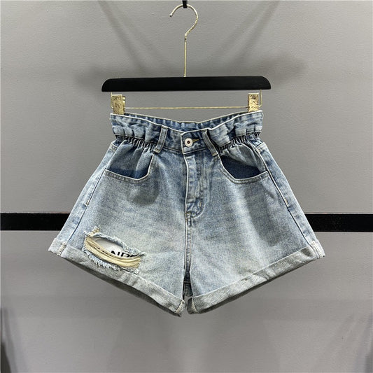Retro nostalgic bud high waist denim shorts women 2023 summer ripped holes look thin A word rolled wide leg pants hot pants