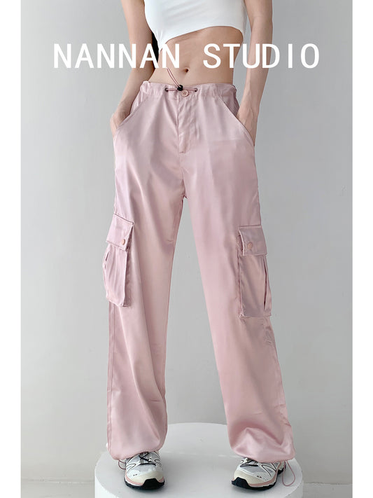 Word-of-mouth upgrade cold feeling satin bright surface overalls women's summer thin section loose sports pants drape wide-leg pants