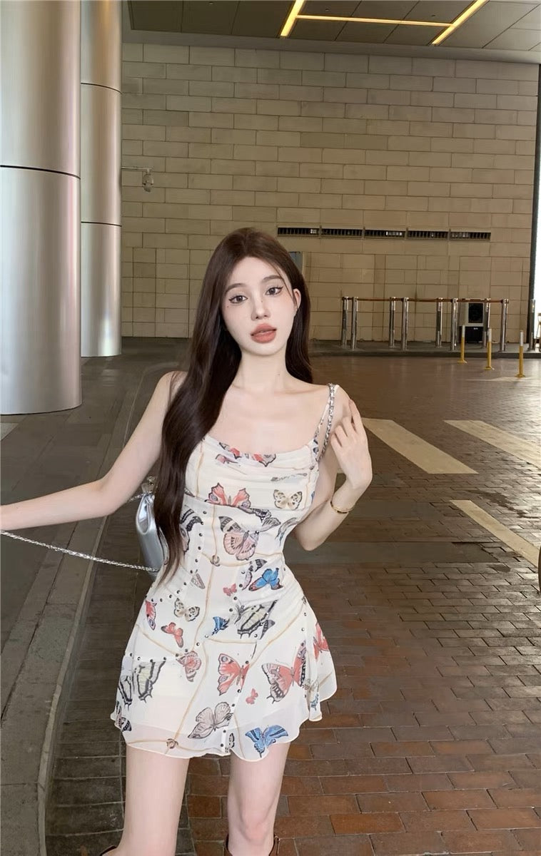 Atmosphere irregular waist hot girl dress female summer niche butterfly print suspender skirt a-line skirt