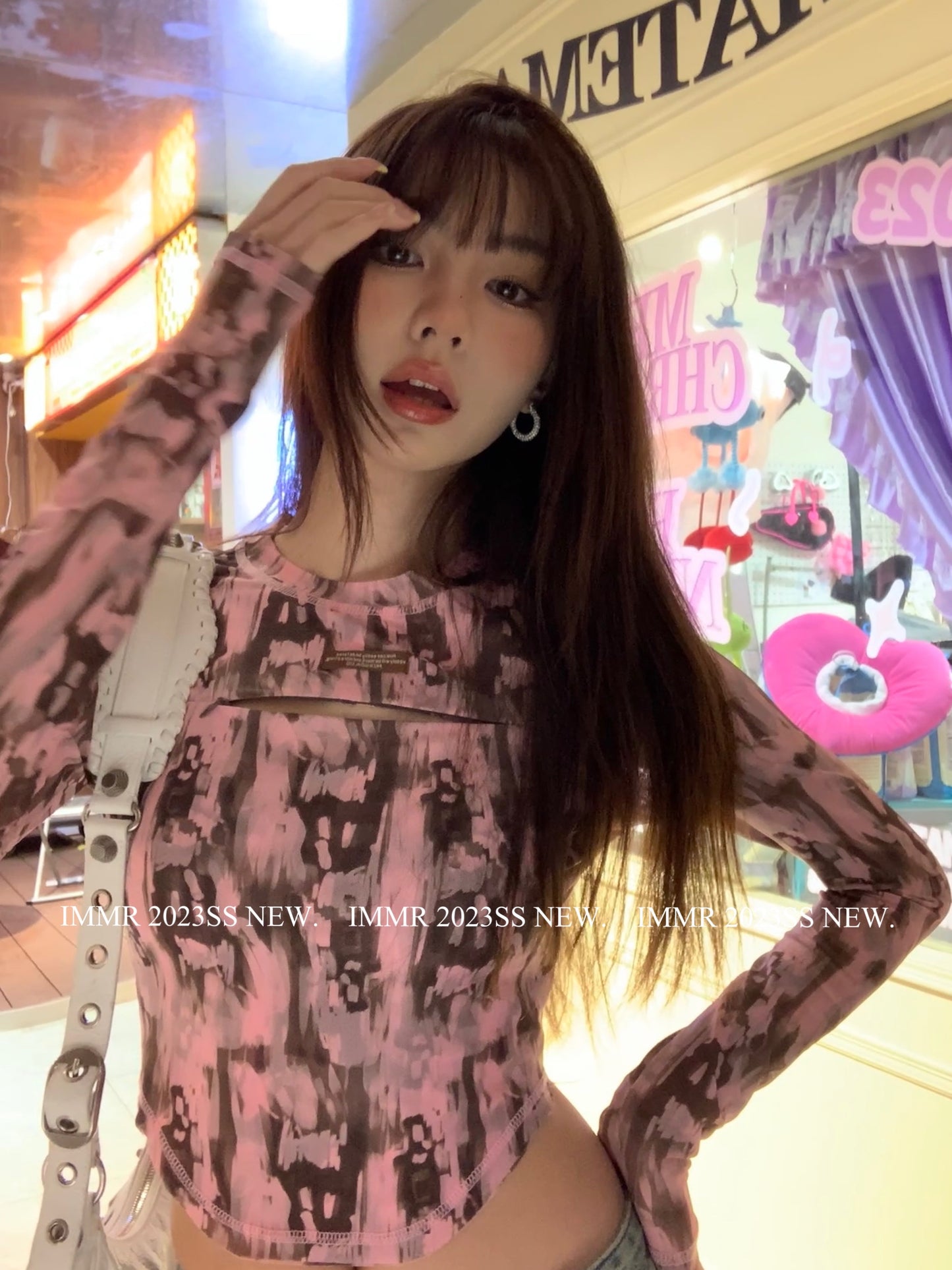 IMMR summer new design sense pink sunscreen t-shirt women's long-sleeved short hot girl bottoming shirt pure desire top tide