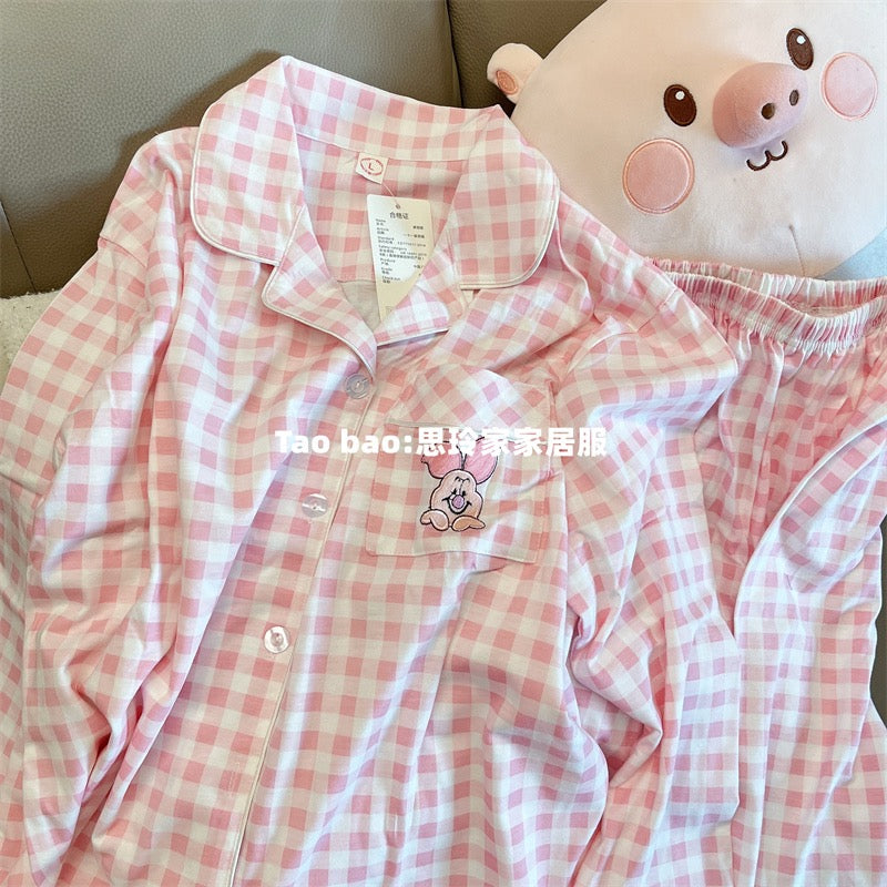 Japanese plaid Piglet pajamas women's pure cotton long-sleeved spring and autumn ins style simple small fresh home clothes