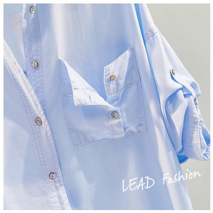 Tencel denim cotton roll-sleeved casual shirt women 2023 summer new Korean fan art loose shirt top cardigan
