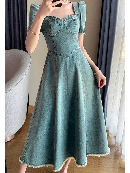 FT GUOGE blue denim dress women 2023 summer new high-end French retro slim square collar dress