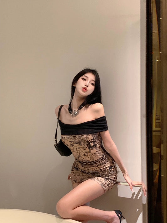 Hot girl one-shoulder tube top dress female summer 2023 new tight sexy skirt waist bag hip skirt short skirt