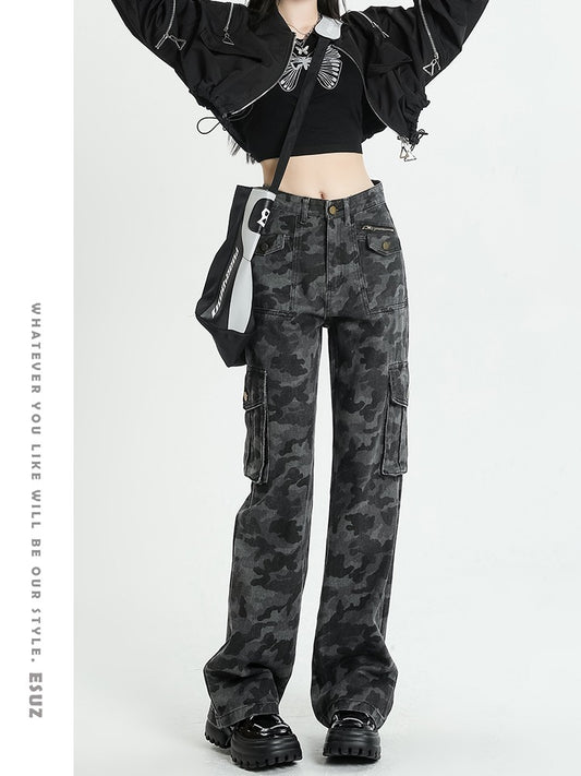 Camouflage tooling jeans female hot girl high street summer new high waist wide legs loose slim mopping pants ins tide