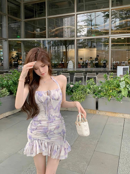 Sweet Spice Girl Floral Hanging Neck Suspender Dress Women's Summer 2023 New Dress Folded Ruffles Hip Skirt