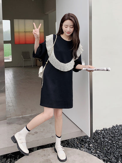 Black French style small fragrance dress female summer small new splicing lotus leaf edge loose casual t-shirt skirt