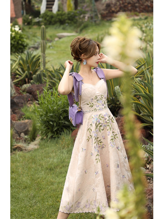 MR WATER Water Drop Jun "Ivy Purple Kite" Heavy Industry Positioning Jacquard Full Embroidery Suspender Dress Women's Summer Retro