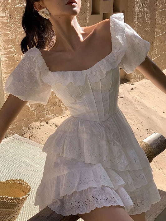 Xiaoli Jiaojiao White Butterfly 2023 Summer Small Sweet Princess Puffy White A-Line Square Neck Puff Sleeve Dress