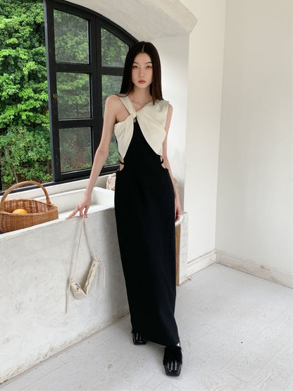2023 summer new high-end temperament niche hollow waist long skirt twisted and contrasting color slimming dress women