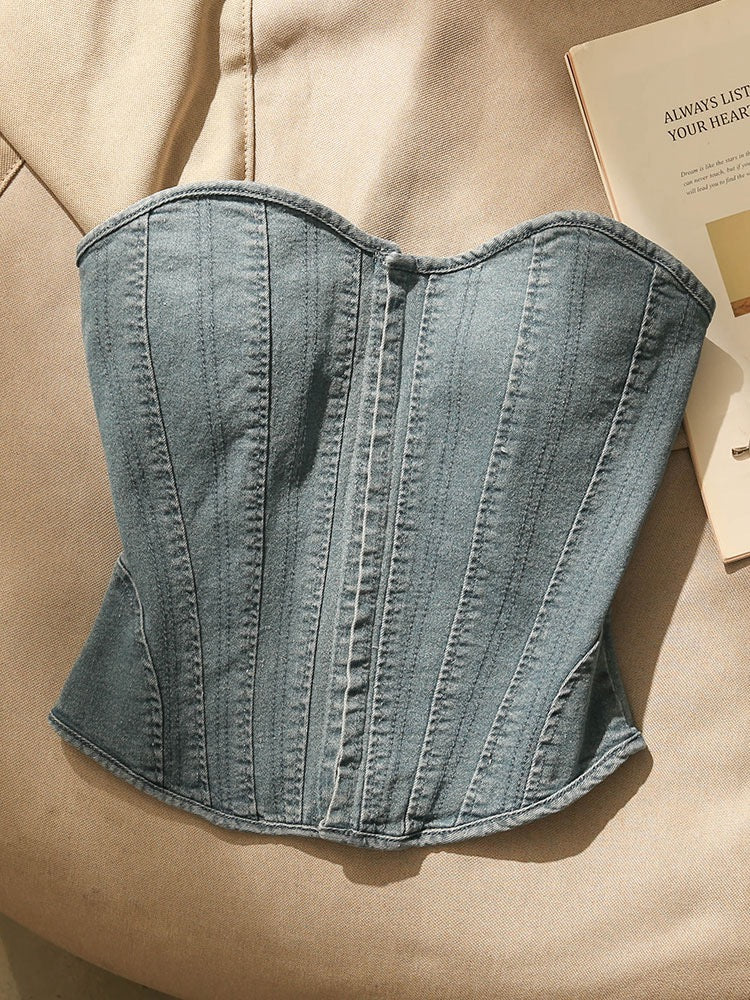 Denim suspenders small vest women's inner and outer wear women's summer self-cultivation tied rope corset design sense tube top bottoming top